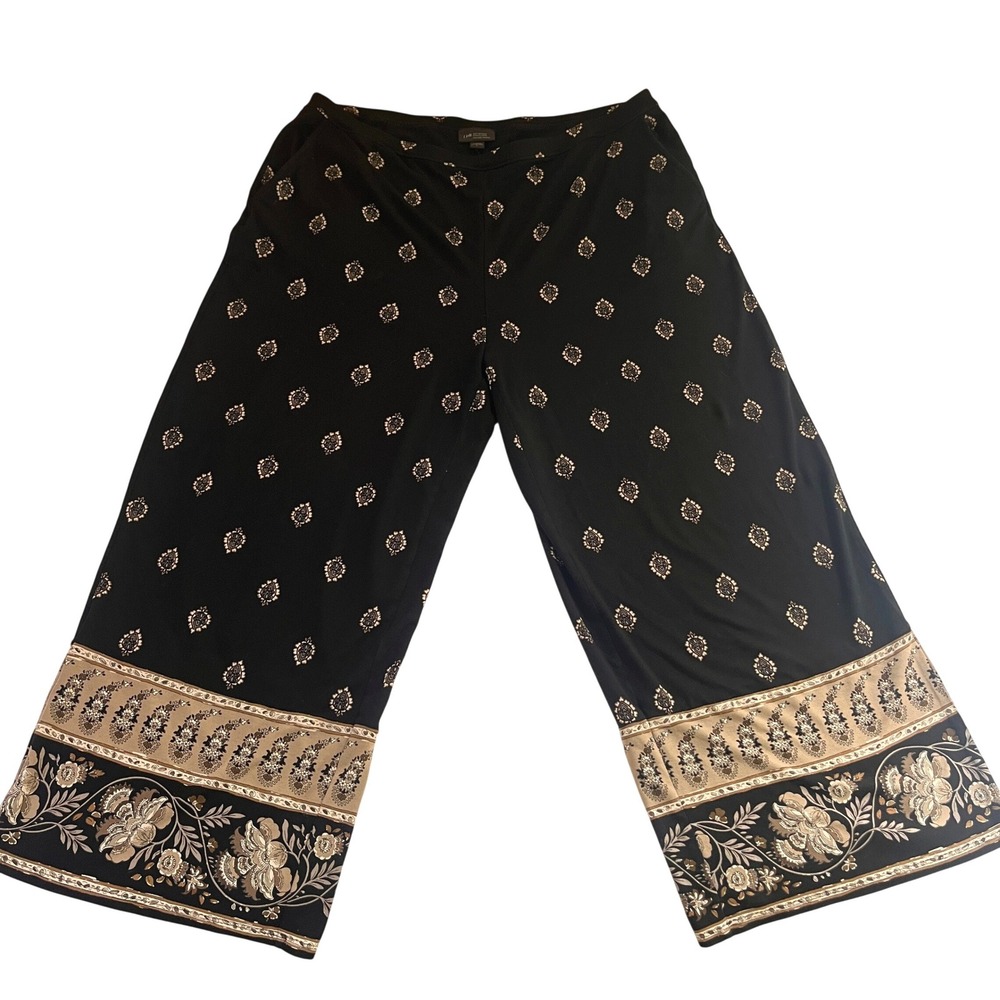 J. Jill Wearever Black Floral Border Print Wide Leg Cropped Pants Large L Boho